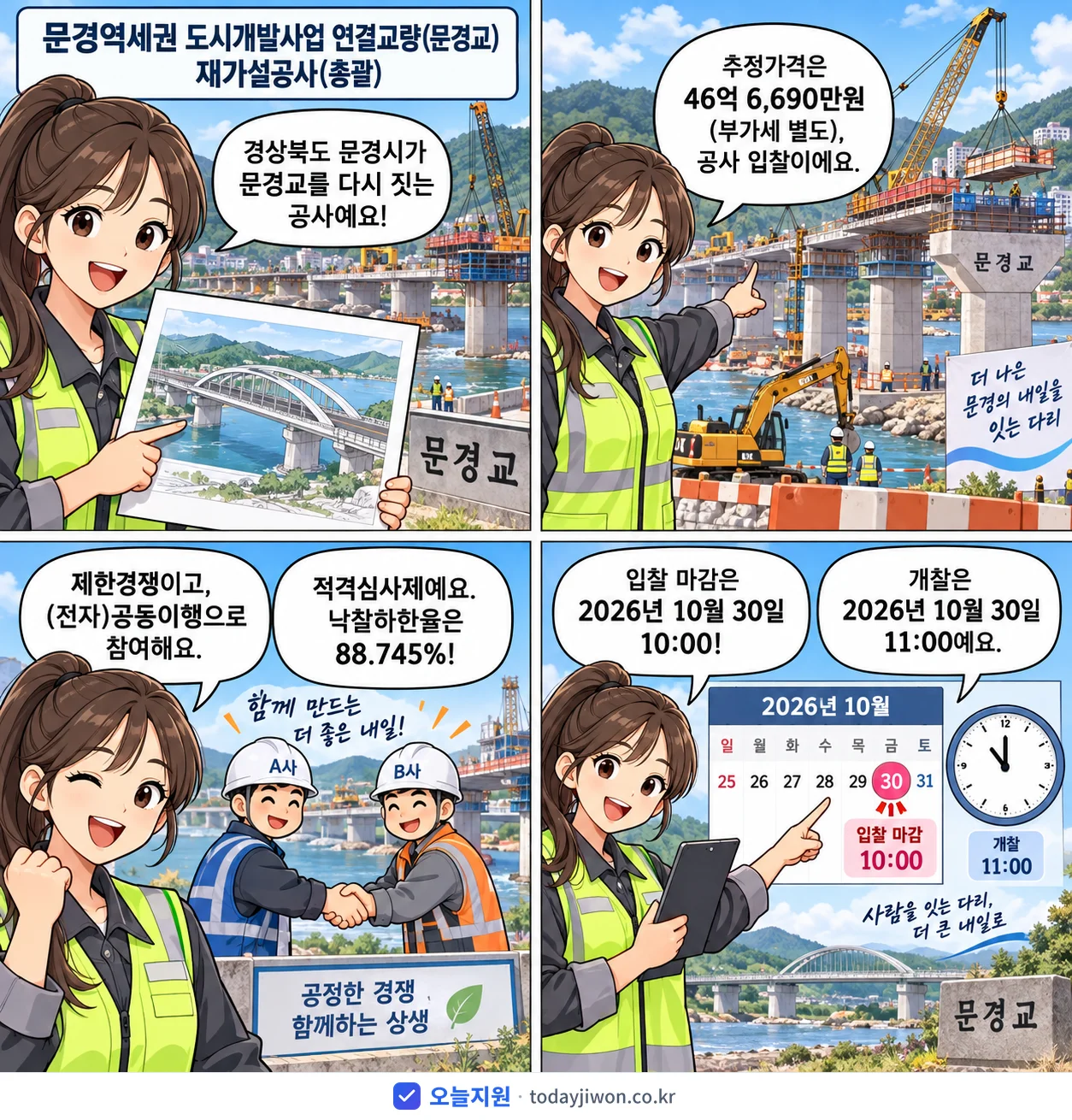 4컷 만화로 보는 공고: 경상북도 문경시 '문경역세권 도시개발사업 연결교량(문경교) 재가설공사(총괄)', 추정가격 46억 6,690만원, 입찰 마감 10/30 10:00