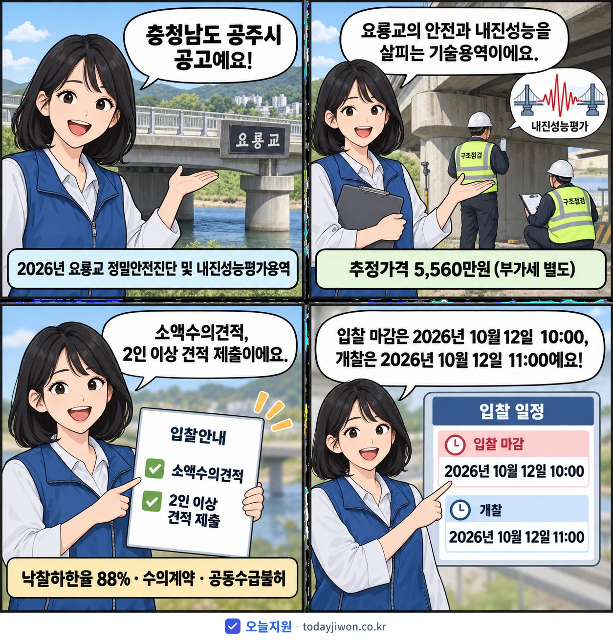 4컷 만화로 보는 공고: 충청남도 공주시 '요룡교 정밀안전진단 및 내진성능평가용역', 추정가격 5,560만원, 입찰 마감 10/12 10:00