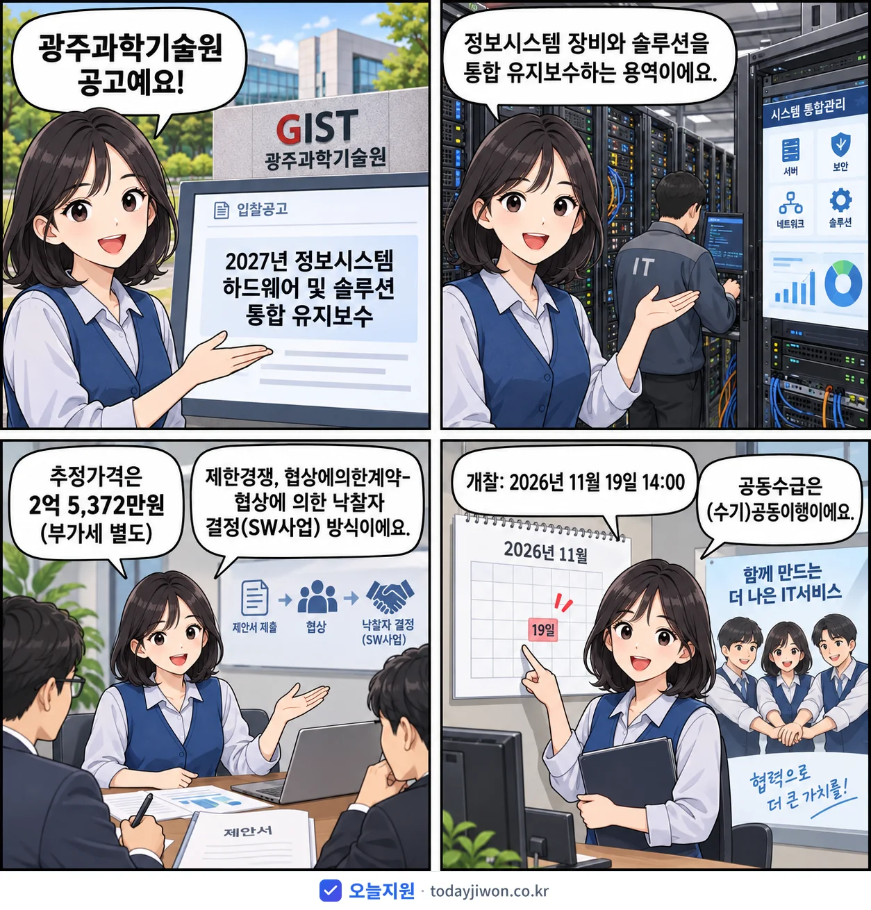 4컷 만화로 보는 공고: 광주과학기술원 '정보시스템 하드웨어 및 솔루션 통합 유지보수', 추정가격 2억 5,372만원