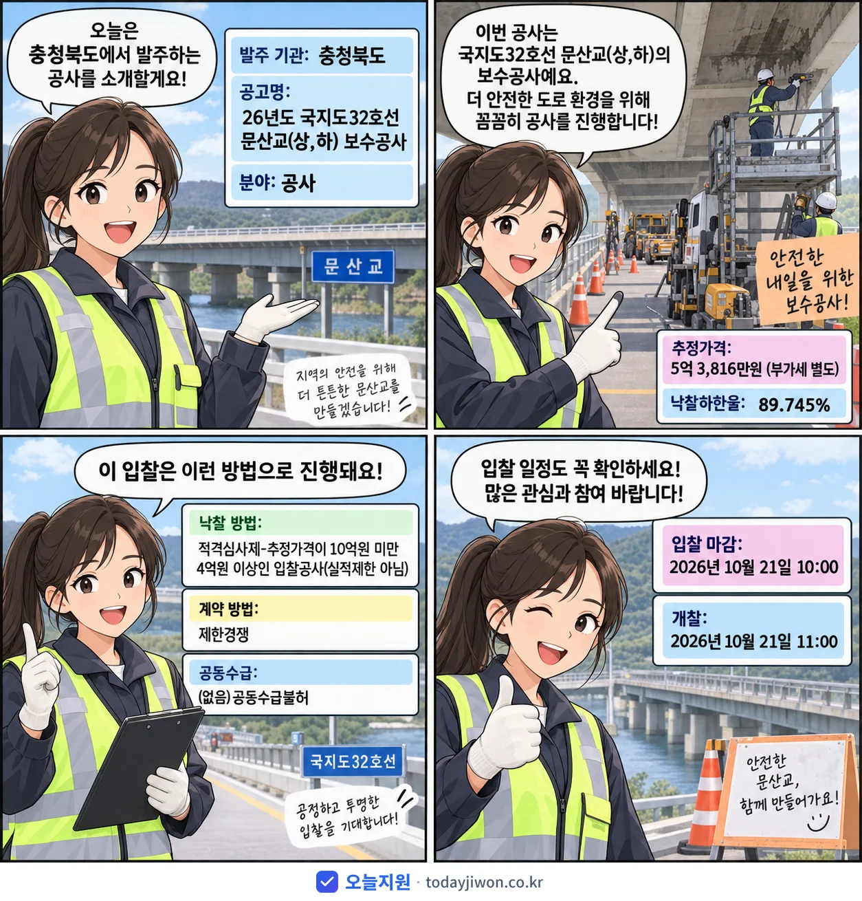 4컷 만화로 보는 공고: 충청북도 '26년도 국지도32호선 문산교(상,하) 보수공사', 추정가격 5억 3,816만원, 입찰 마감 10/21 10:00