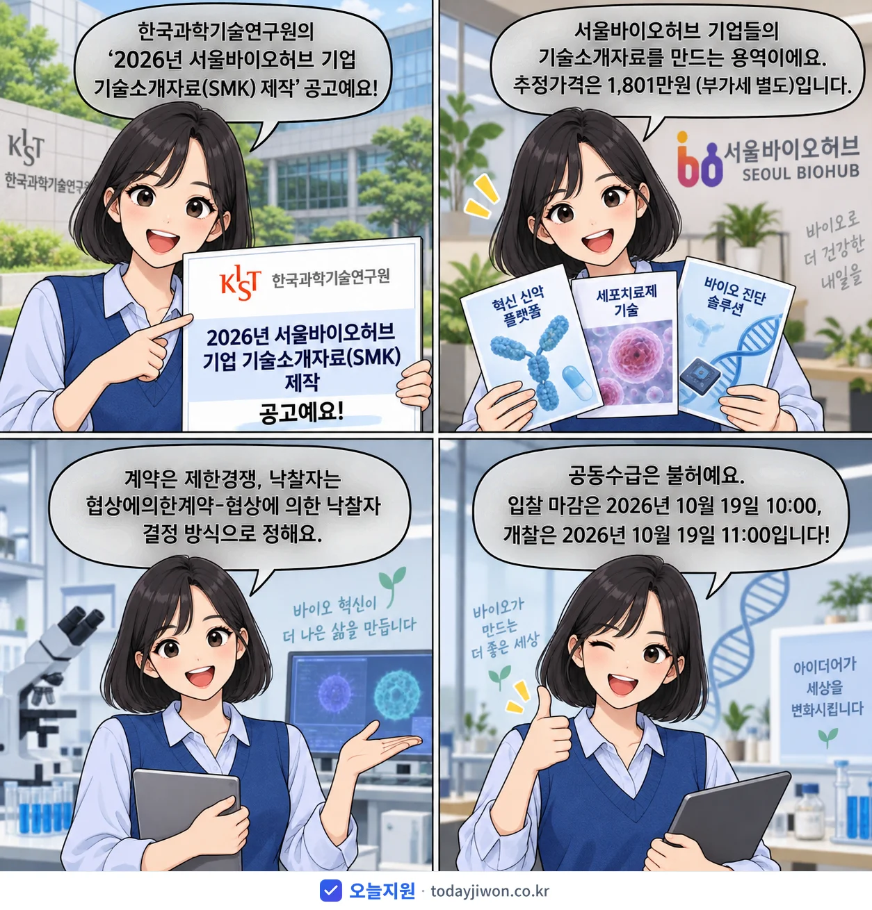 4컷 만화로 보는 공고: 한국과학기술연구원 '서울바이오허브 기업 기술소개자료(SMK) 제작', 추정가격 1,801만원, 입찰 마감 10/19 10:00