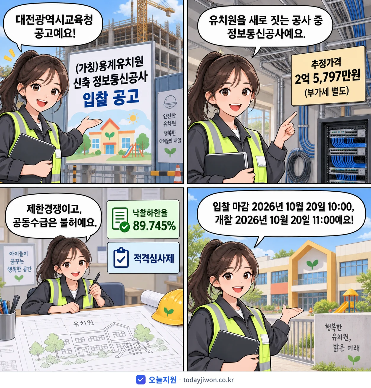 4컷 만화로 보는 공고: 대전광역시교육청 '(가칭)용계유치원 신축 정보통신공사 입찰 공고', 추정가격 2억 5,797만원, 입찰 마감 10/20 10:00