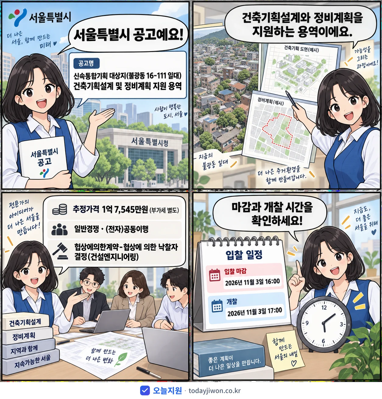 4컷 만화로 보는 공고: 서울특별시 '신속통합기획 대상지(불광동 16-111 일대) 건축기획설계 및 정비계획…', 추정가격 1억 7,545만원, 입찰 마감 11/3 16:00