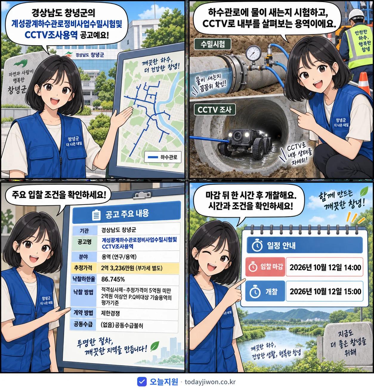 4컷 만화로 보는 공고: 경상남도 창녕군 '계성광계하수관로정비사업수밀시험및CCTV조사용역', 추정가격 2억 3,236만원, 입찰 마감 10/12 14:00