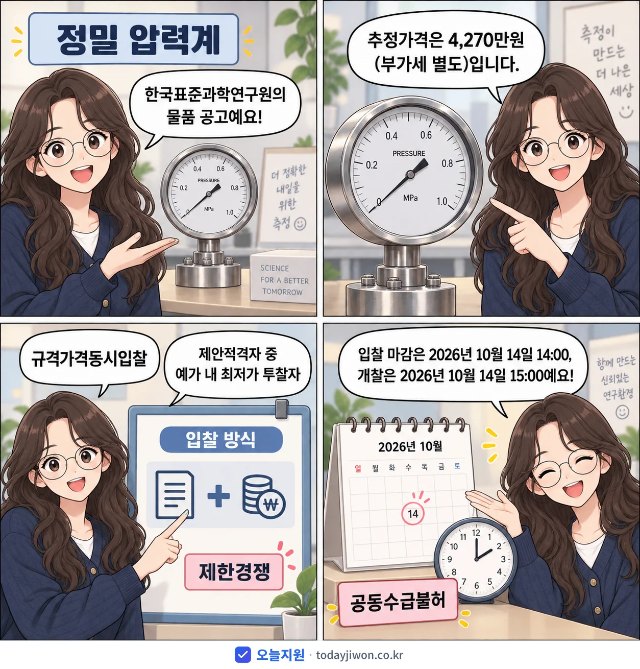 4컷 만화로 보는 공고: 한국표준과학연구원 '정밀 압력계', 추정가격 4,270만원, 입찰 마감 10/14 14:00