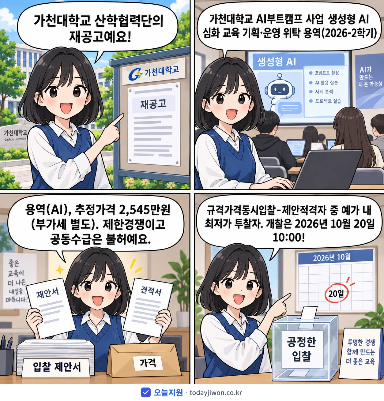 4컷 만화로 보는 공고: 가천대학교 산학협력단 '가천대학교 AI부트캠프 사업 생성형 AI 심화 교육 기획·운영 위탁 용…', 추정가격 2,545만원