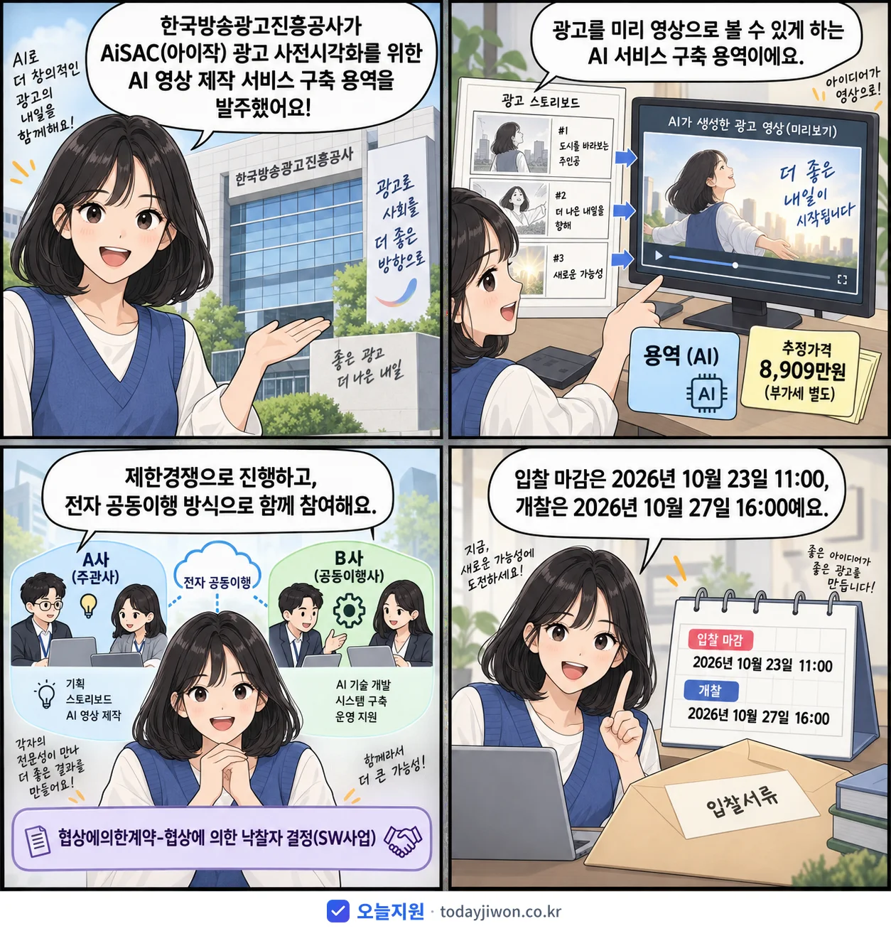 4컷 만화로 보는 공고: 한국방송광고진흥공사 'AiSAC(아이작) 광고 사전시각화를 위한 AI 영상 제작 서비스 구축…', 추정가격 8,909만원, 입찰 마감 10/23 11:00