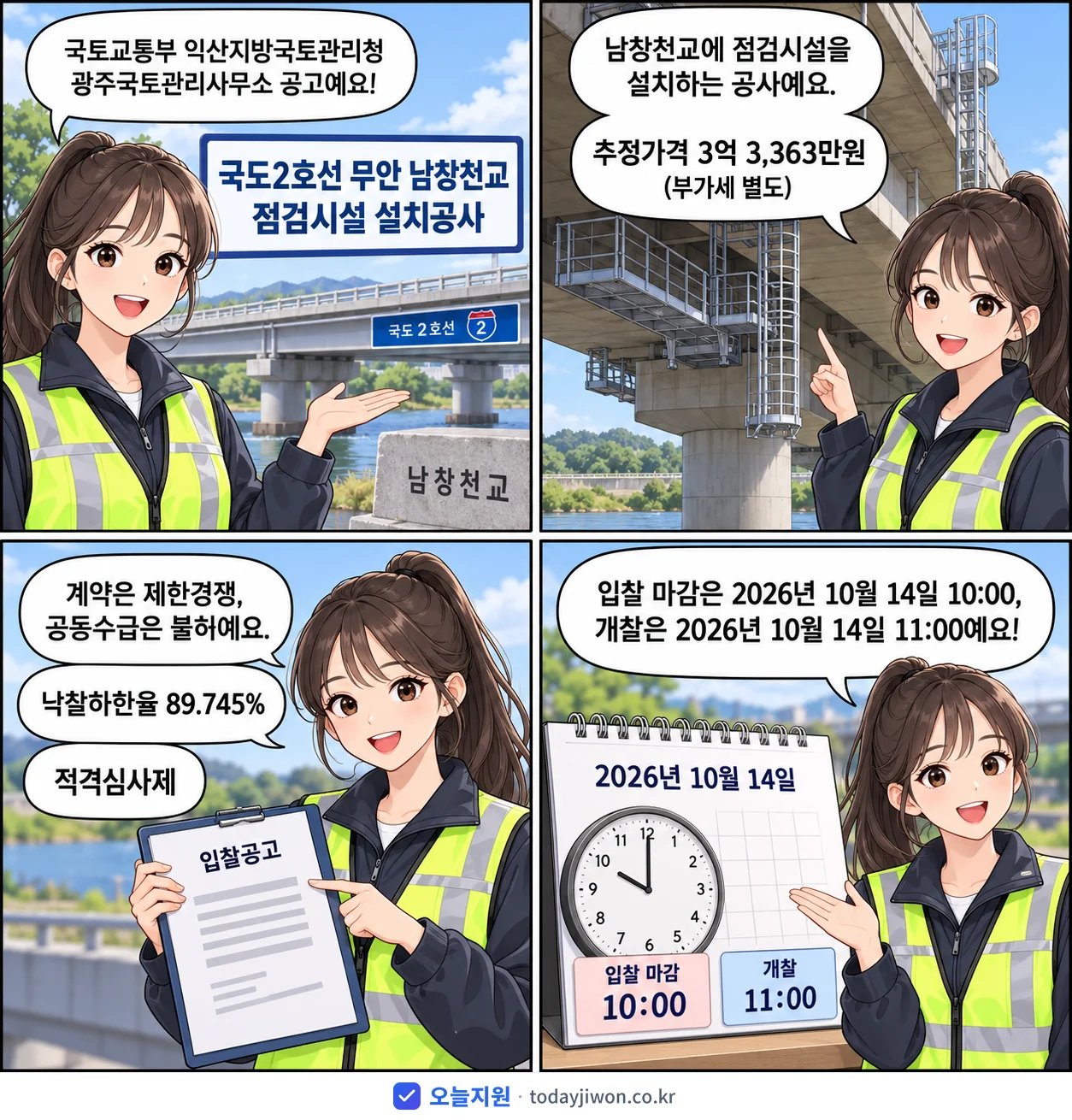 4컷 만화로 보는 공고: 국토교통부 익산지방국토관리청 광주국토관리사무소 '국도2호선 무안 남창천교 점검시설 설치공사', 추정가격 3억 3,363만원, 입찰 마감 10/14 10:00
