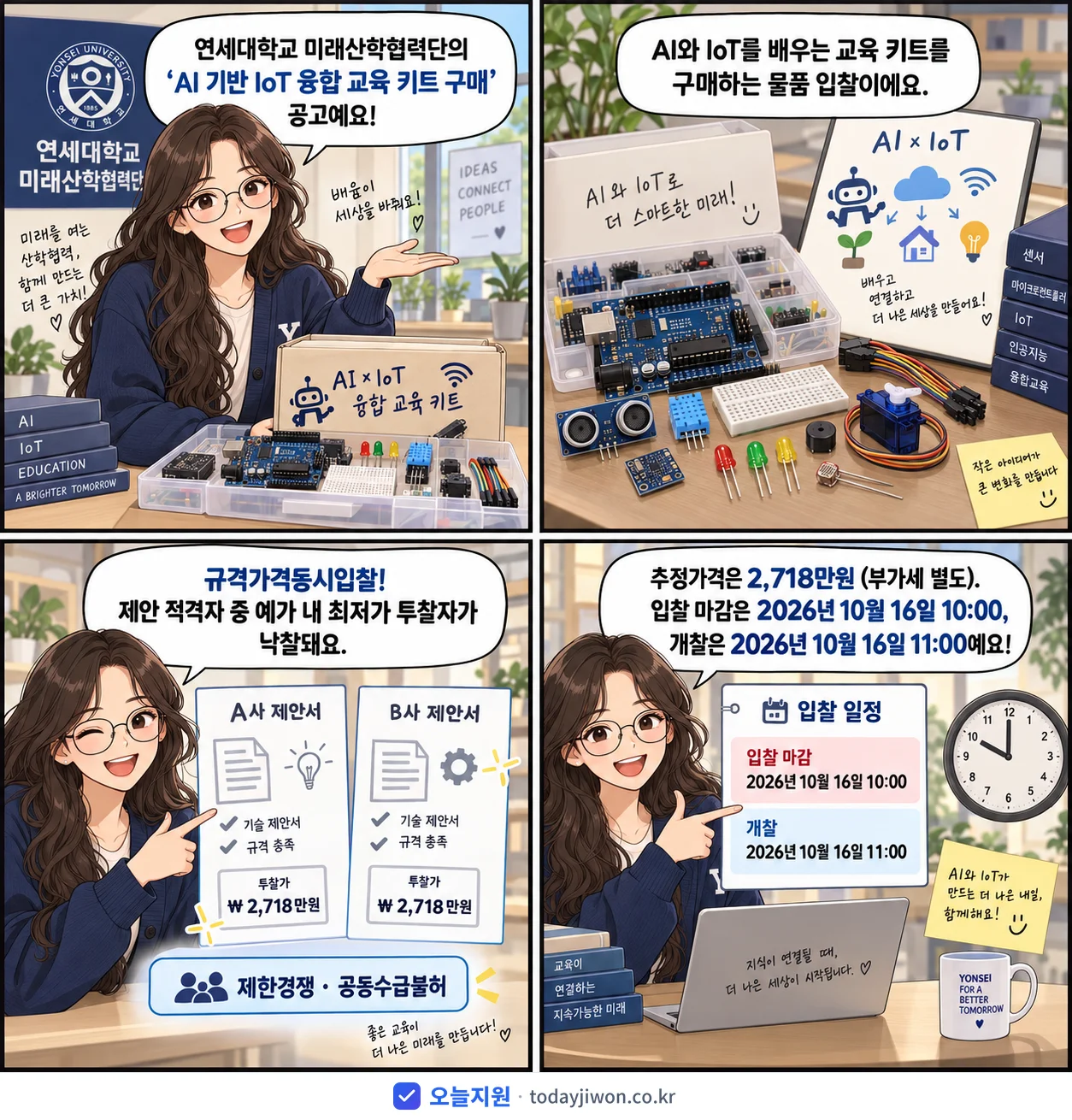 4컷 만화로 보는 공고: 연세대학교 미래산학협력단 'AI 기반 IoT 융합 교육 키트 구매', 추정가격 2,718만원, 입찰 마감 10/16 10:00