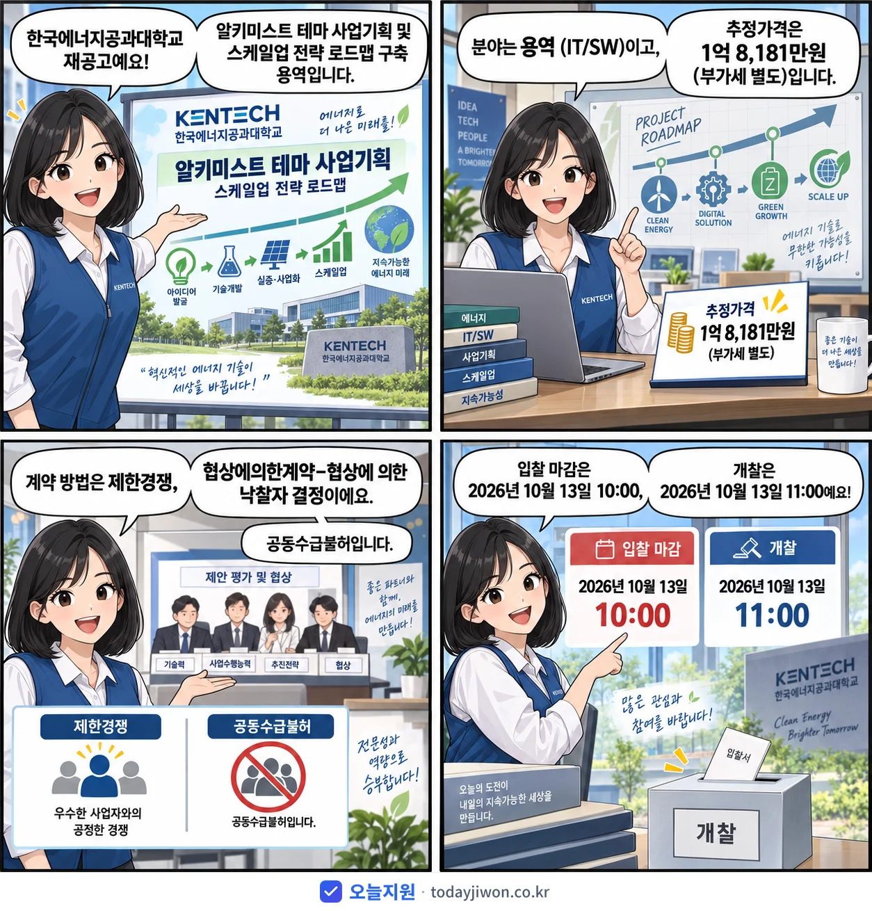 4컷 만화로 보는 공고: 한국에너지공과대학교 '알키미스트 테마 사업기획 및 스케일업 전략 로드맵 구축 용역', 추정가격 1억 8,181만원, 입찰 마감 10/13 10:00