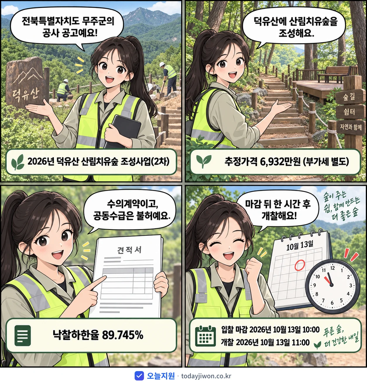 4컷 만화로 보는 공고: 전북특별자치도 무주군 '덕유산 산림치유숲 조성사업(2차)', 추정가격 6,932만원, 입찰 마감 10/13 10:00