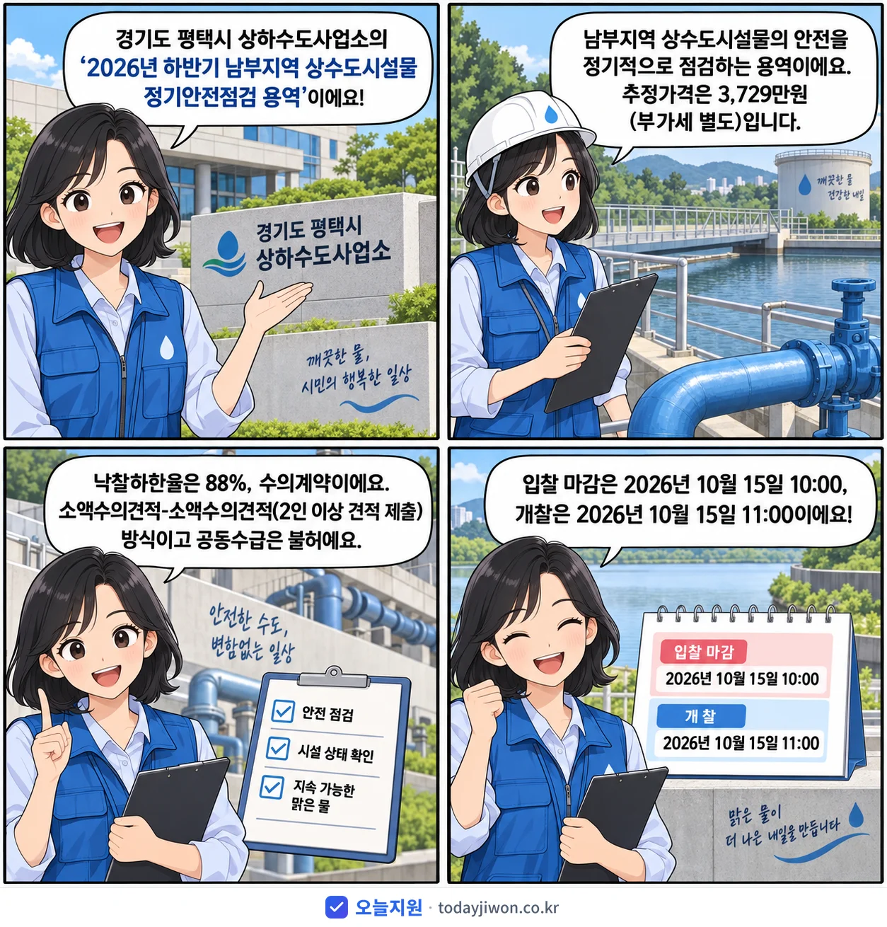 4컷 만화로 보는 공고: 경기도 평택시 상하수도사업소 '하반기 남부지역 상수도시설물 정기안전점검 용역', 추정가격 3,729만원, 입찰 마감 10/15 10:00