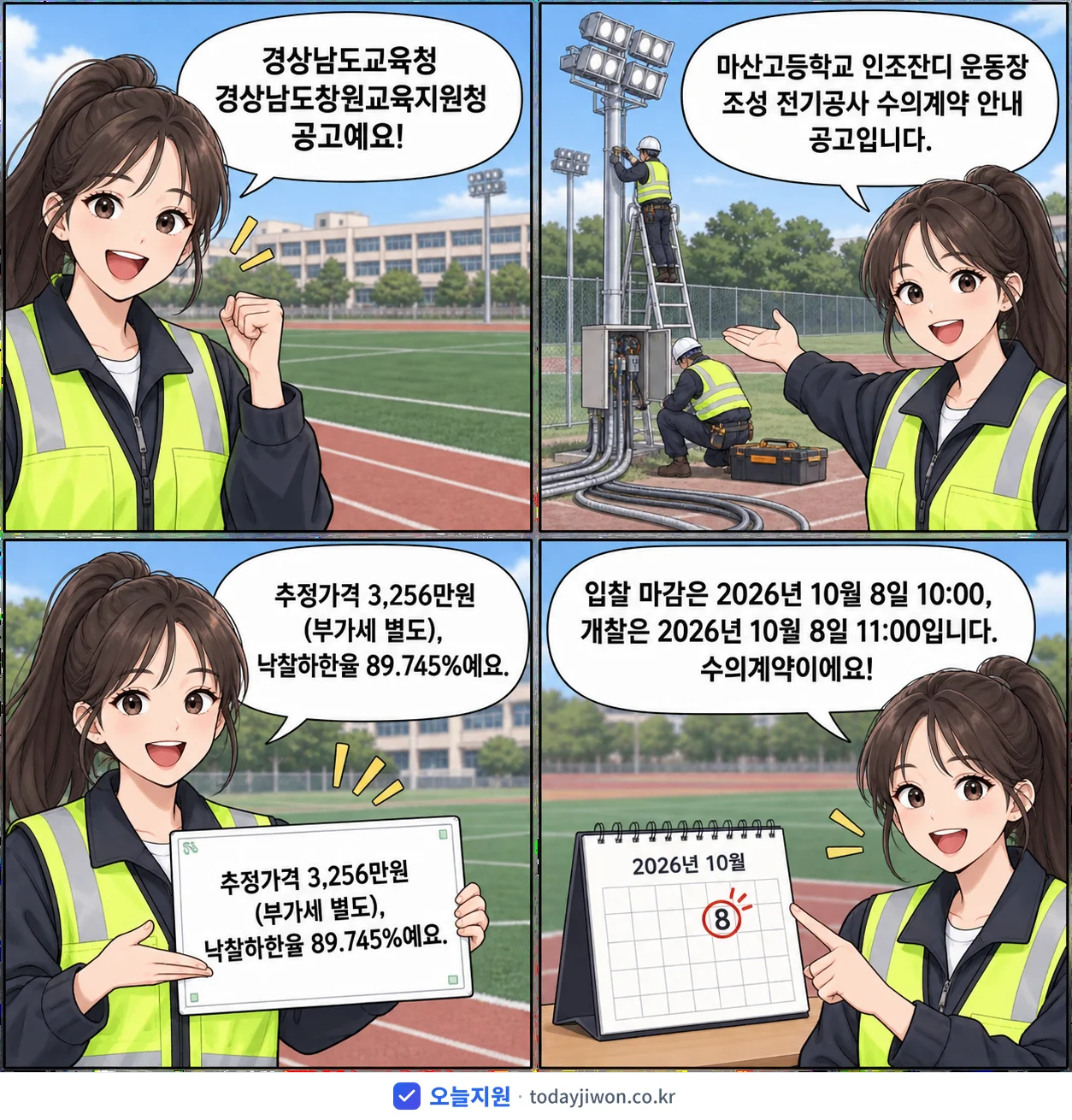 4컷 만화로 보는 공고: 경상남도교육청 경상남도창원교육지원청 '마산고등학교 인조잔디 운동장 조성 전기공사 수의계약 안내 공고', 추정가격 3,256만원, 입찰 마감 10/8 10:00