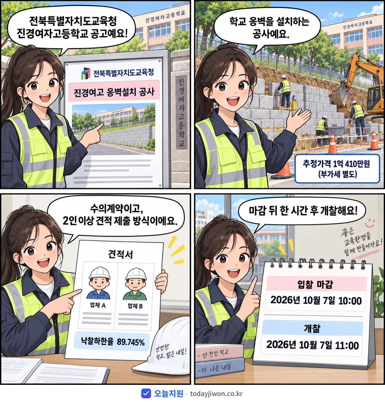 4컷 만화로 보는 공고: 전북특별자치도교육청 진경여자고등학교 '진경여고 옹벽설치 공사', 추정가격 1억 410만원, 입찰 마감 10/7 10:00