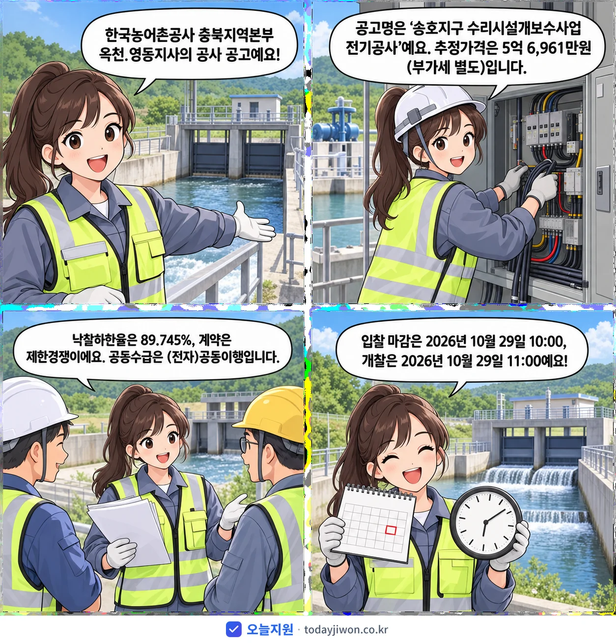 4컷 만화로 보는 공고: 한국농어촌공사 충북지역본부 옥천.영동지사 '송호지구 수리시설개보수사업 전기공사', 추정가격 5억 6,961만원, 입찰 마감 10/29 10:00