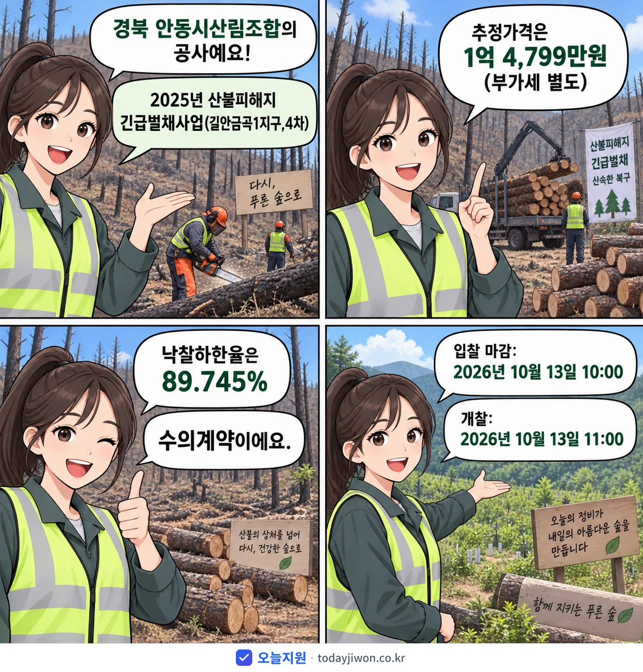 4컷 만화로 보는 공고: 경북 안동시산림조합 '산불피해지 긴급벌채사업(길안금곡1지구,4차)', 추정가격 1억 4,799만원, 입찰 마감 10/13 10:00