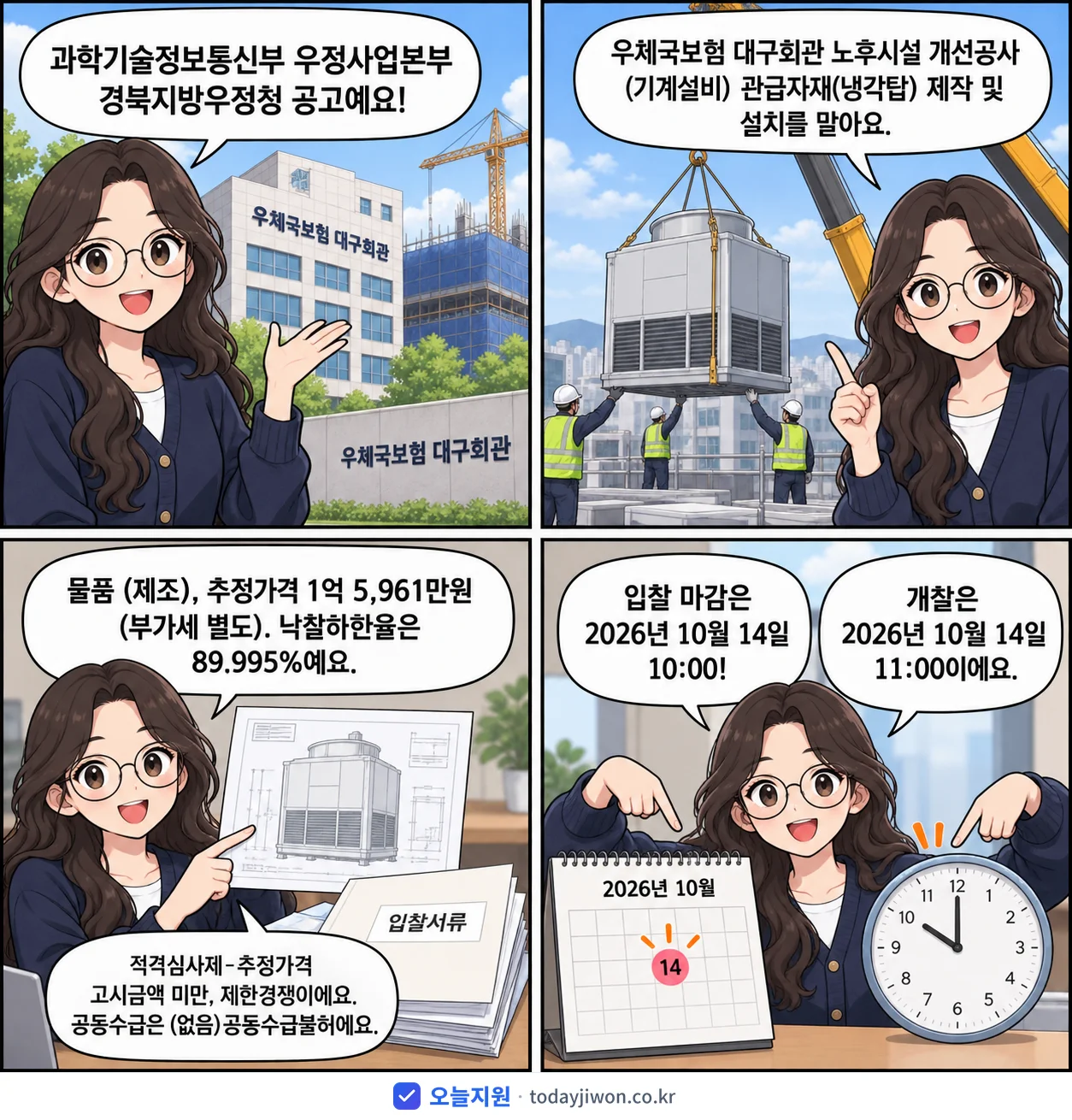 4컷 만화로 보는 공고: 과학기술정보통신부 우정사업본부 경북지방우정청 '우체국보험 대구회관 노후시설 개선공사(기계설비) 관급자재(냉각탑) 제작…', 추정가격 1억 5,961만원, 입찰 마감 10/14 10:00