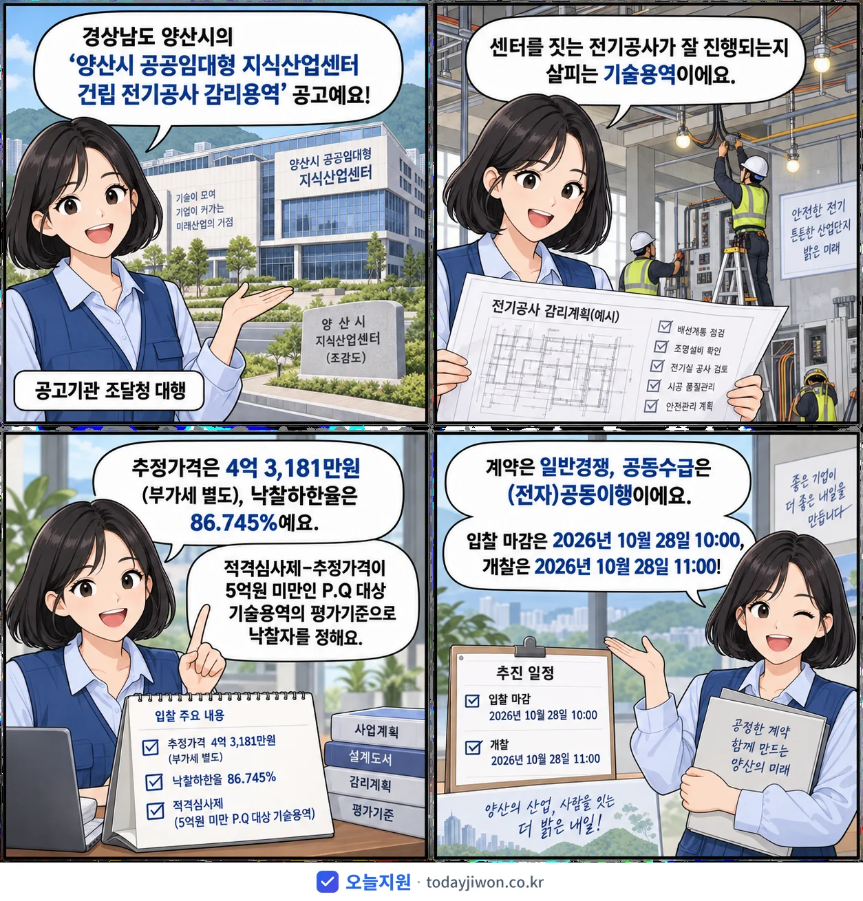 4컷 만화로 보는 공고: 경상남도 양산시 '양산시 공공임대형 지식산업센터 건립 전기공사 감리용역', 추정가격 4억 3,181만원, 입찰 마감 10/28 10:00