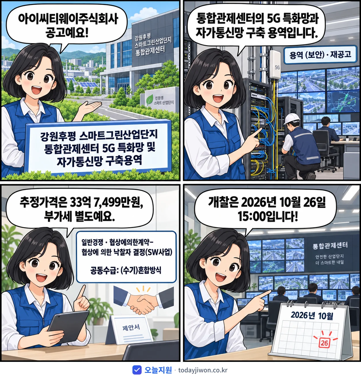 4컷 만화로 보는 공고: 아이씨티웨이주식회사 '강원후평 스마트그린산업단지 통합관제센터 5G 특화망 및 자가통신망 구축…', 추정가격 33억 7,499만원