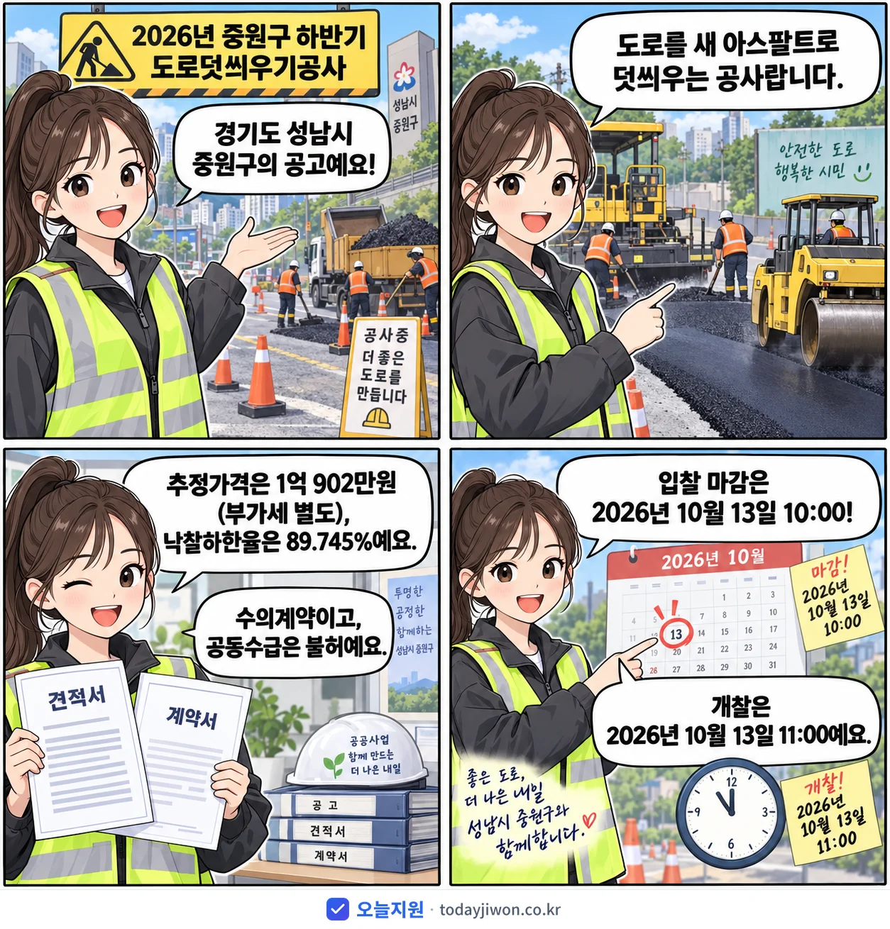 4컷 만화로 보는 공고: 경기도 성남시 중원구 '중원구 하반기 도로덧씌우기공사', 추정가격 1억 902만원, 입찰 마감 10/13 10:00
