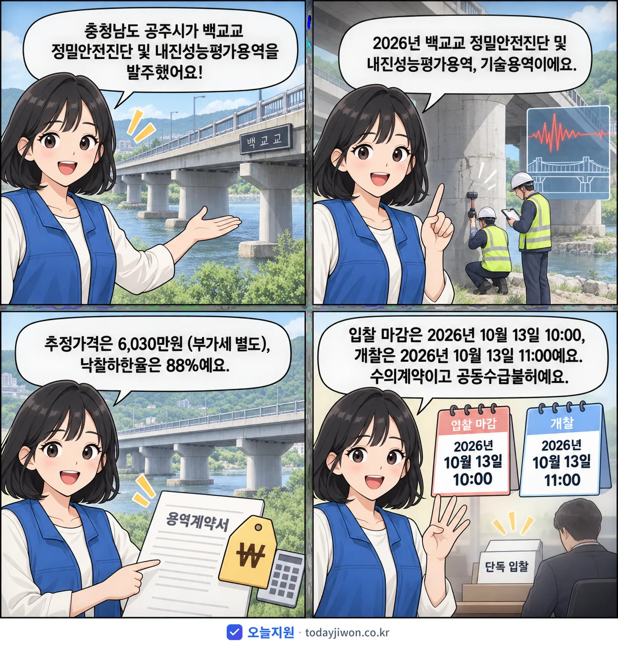 4컷 만화로 보는 공고: 충청남도 공주시 '백교교 정밀안전진단 및 내진성능평가용역', 추정가격 6,030만원, 입찰 마감 10/13 10:00