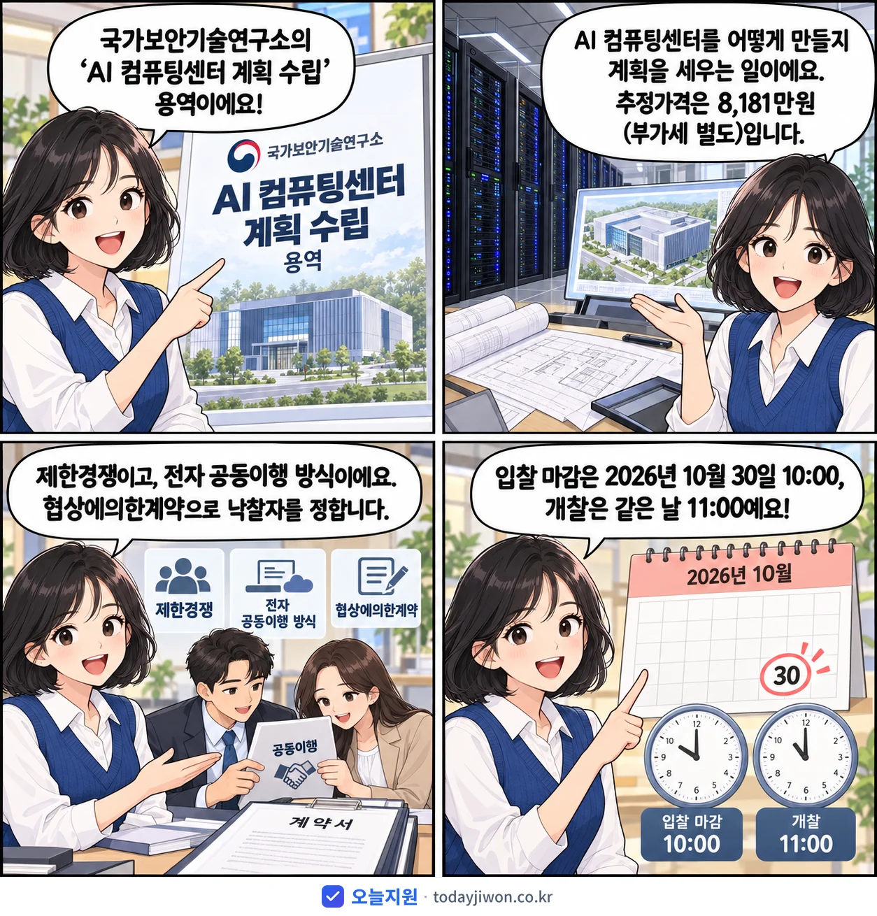 4컷 만화로 보는 공고: 국가보안기술연구소 'AI 컴퓨팅센터 계획 수립', 추정가격 8,181만원, 입찰 마감 10/30 10:00