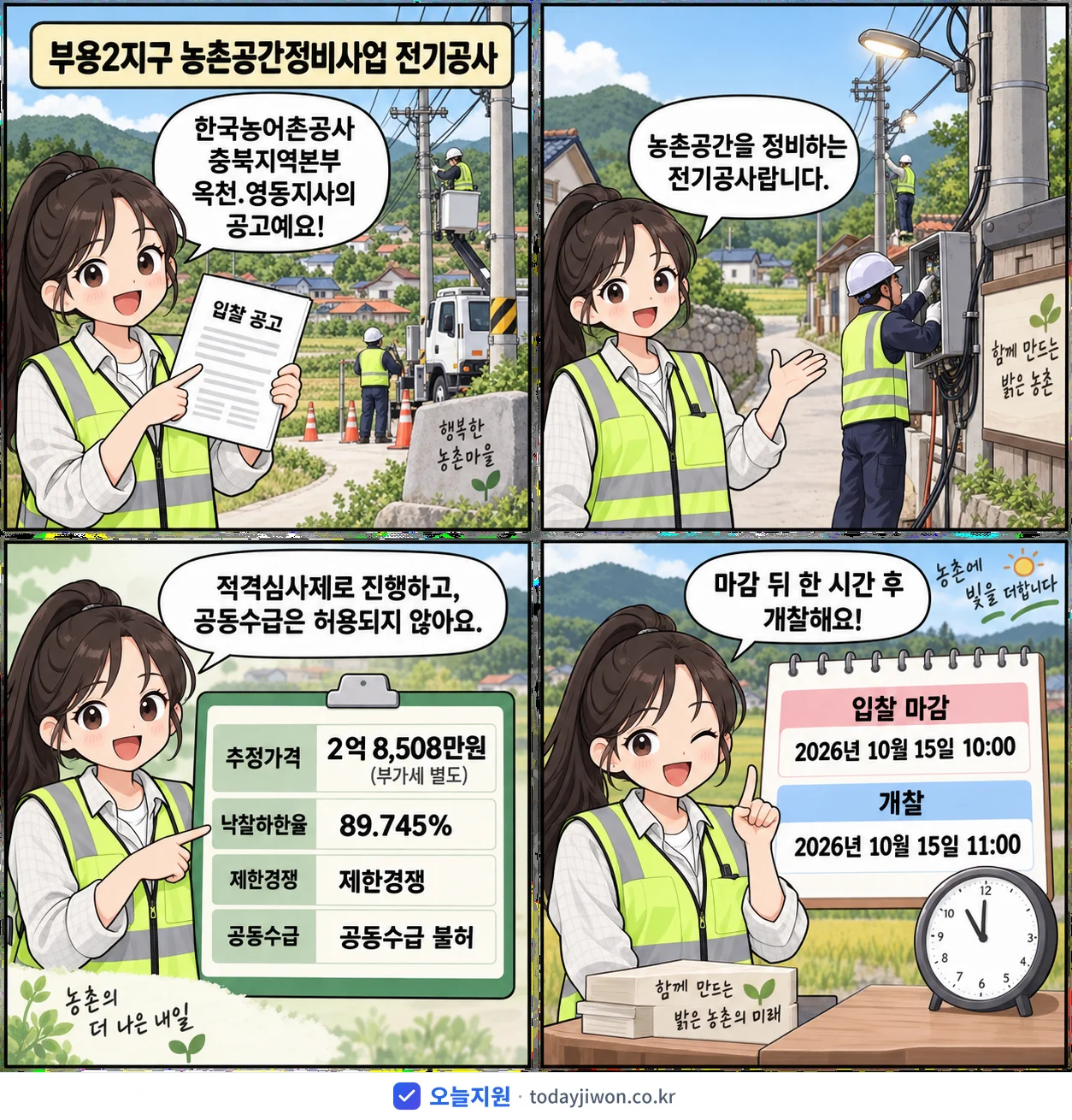 4컷 만화로 보는 공고: 한국농어촌공사 충북지역본부 옥천.영동지사 '부용2지구 농촌공간정비사업 전기공사', 추정가격 2억 8,508만원, 입찰 마감 10/15 10:00