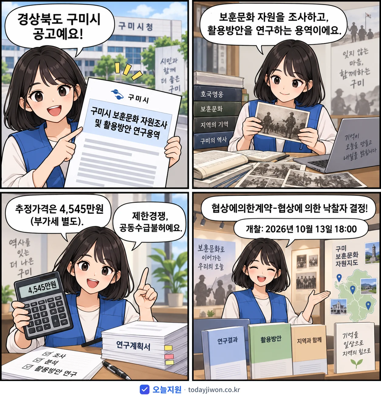4컷 만화로 보는 공고: 경상북도 구미시 '구미시 보훈문화 자원조사 및 활용방안 연구용역', 추정가격 4,545만원