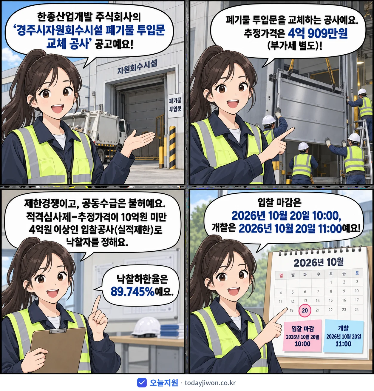 4컷 만화로 보는 공고: 한종산업개발 주식회사 '경주시자원회수시설 폐기물 투입문 교체 공사', 추정가격 4억 909만원, 입찰 마감 10/20 10:00
