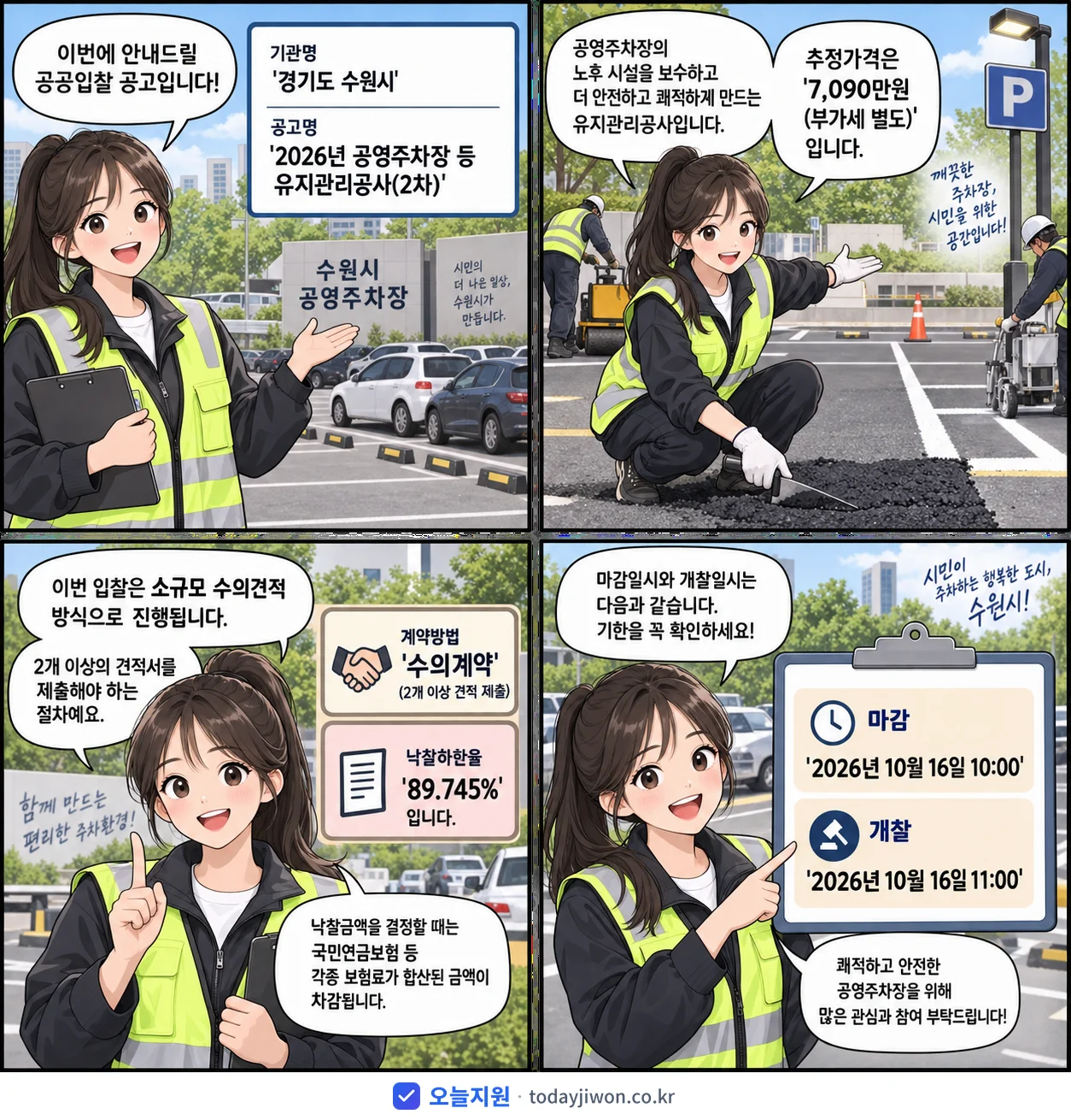 4컷 만화로 보는 공고: 경기도 수원시 '공영주차장 등 유지관리공사(2차)', 추정가격 7,090만원, 입찰 마감 10/16 10:00