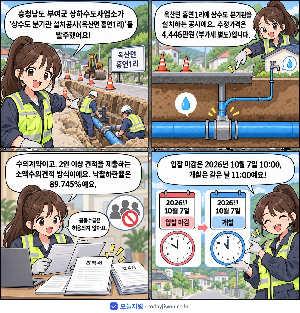 4컷 만화로 보는 공고: 충청남도 부여군 상하수도사업소 '상수도 분기관 설치공사(옥산면 홍연1리)', 추정가격 4,446만원, 입찰 마감 10/7 10:00