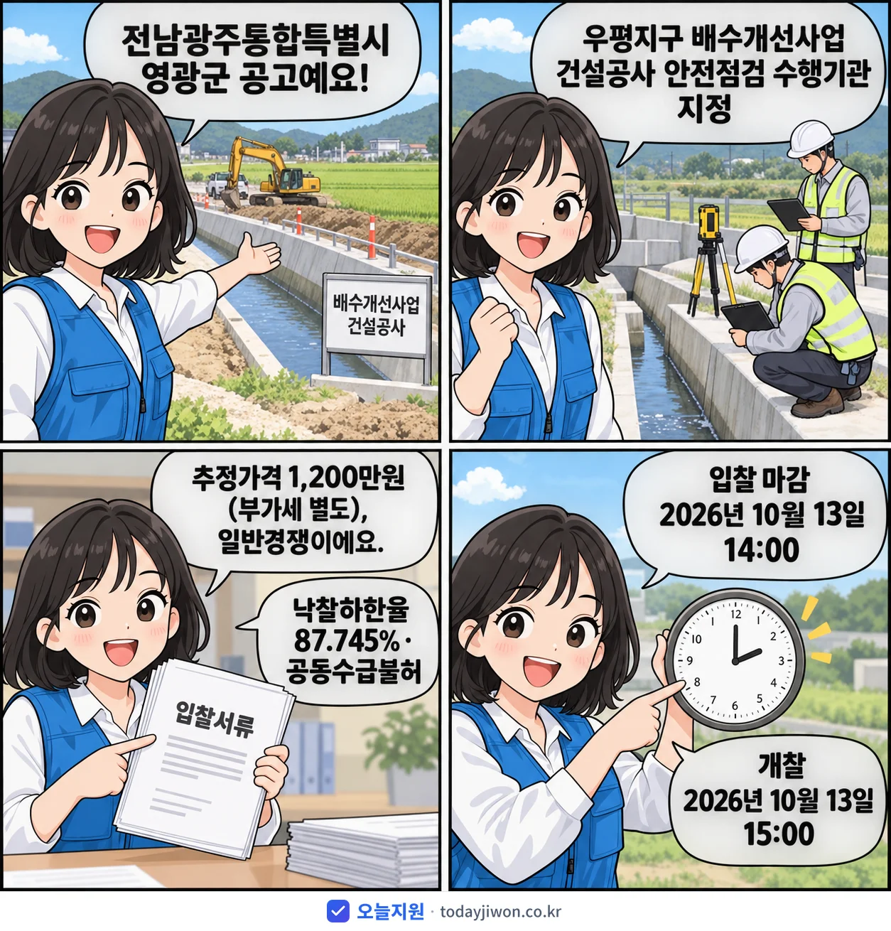 4컷 만화로 보는 공고: 전남광주통합특별시 영광군 '우평지구 배수개선사업 건설공사 안전점검 수행기관 지정', 추정가격 1,200만원, 입찰 마감 10/13 14:00