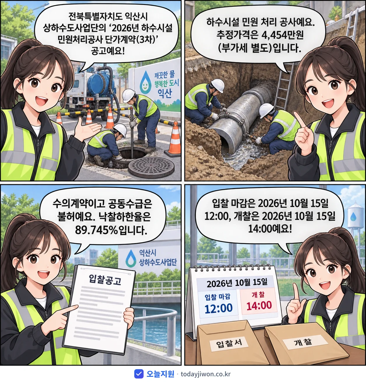 4컷 만화로 보는 공고: 전북특별자치도 익산시 상하수도사업단 '하수시설 민원처리공사 단가계약(3차)', 추정가격 4,454만원, 입찰 마감 10/15 12:00