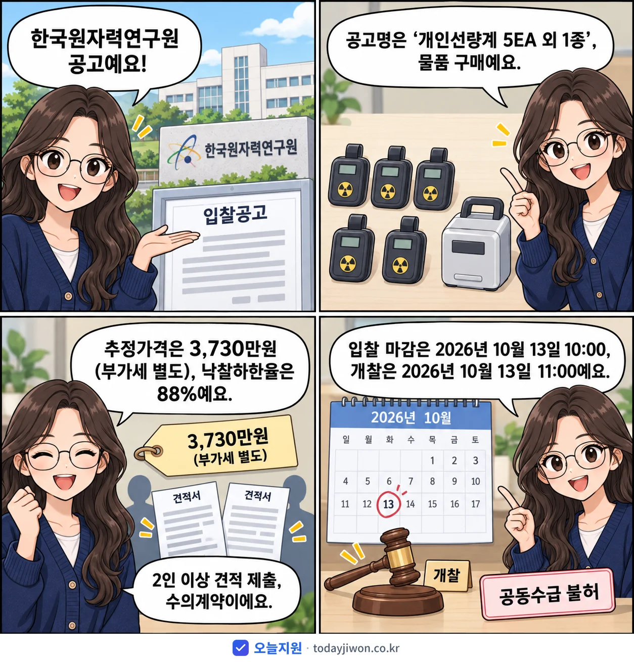 4컷 만화로 보는 공고: 한국원자력연구원 '개인선량계 5EA 외 1종', 추정가격 3,730만원, 입찰 마감 10/13 10:00