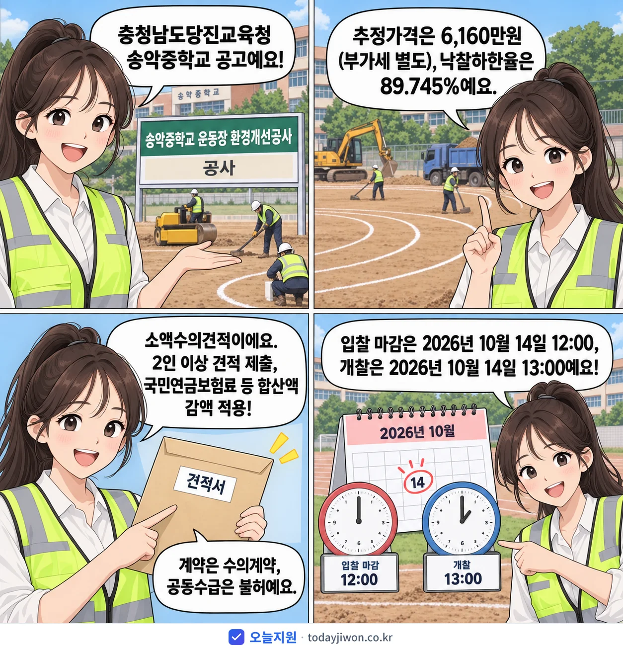 4컷 만화로 보는 공고: 충청남도당진교육청 송악중학교 '송악중학교 운동장 환경개선공사', 추정가격 6,160만원, 입찰 마감 10/14 12:00
