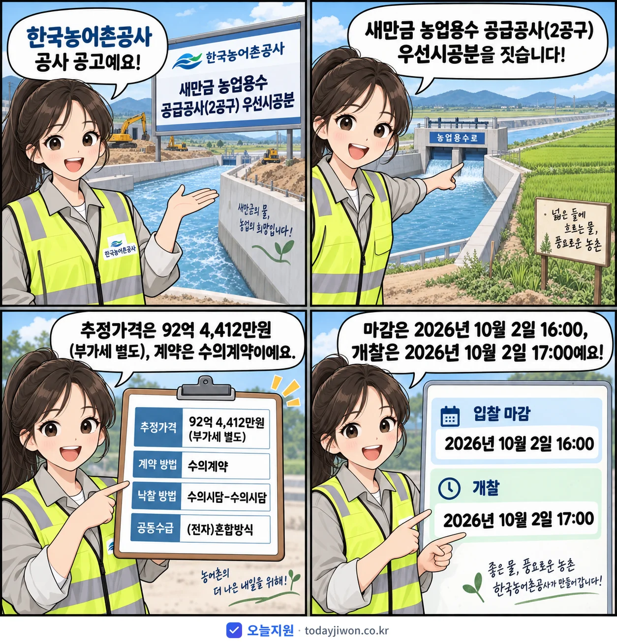 4컷 만화로 보는 공고: 한국농어촌공사 '새만금 농업용수 공급공사(2공구) 우선시공분', 추정가격 92억 4,412만원, 입찰 마감 10/2 16:00