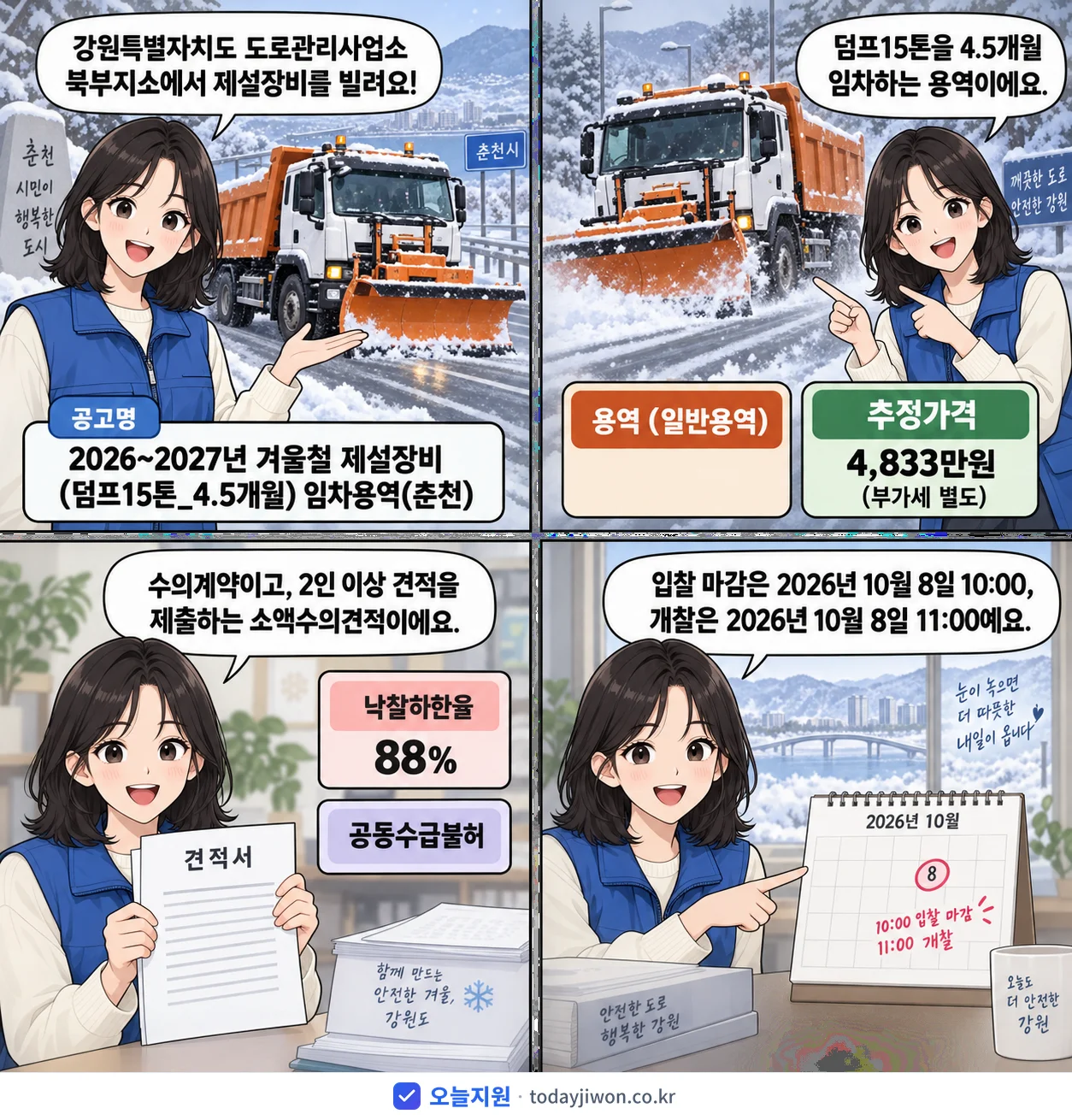 4컷 만화로 보는 공고: 강원특별자치도 도로관리사업소 북부지소 '~2027년 겨울철 제설장비(덤프15톤_4.5개월) 임차용역(춘천)', 추정가격 4,833만원, 입찰 마감 10/8 10:00