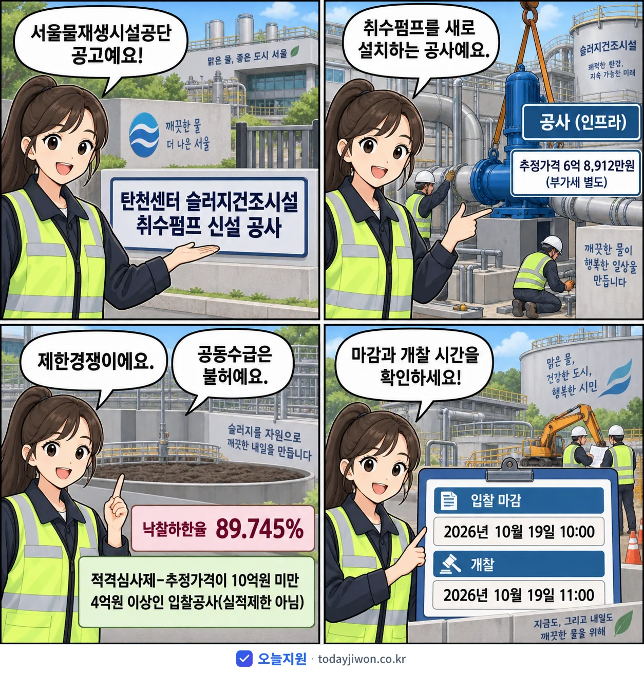 4컷 만화로 보는 공고: 서울물재생시설공단 '탄천센터 슬러지건조시설 취수펌프 신설 공사', 추정가격 6억 8,912만원, 입찰 마감 10/19 10:00