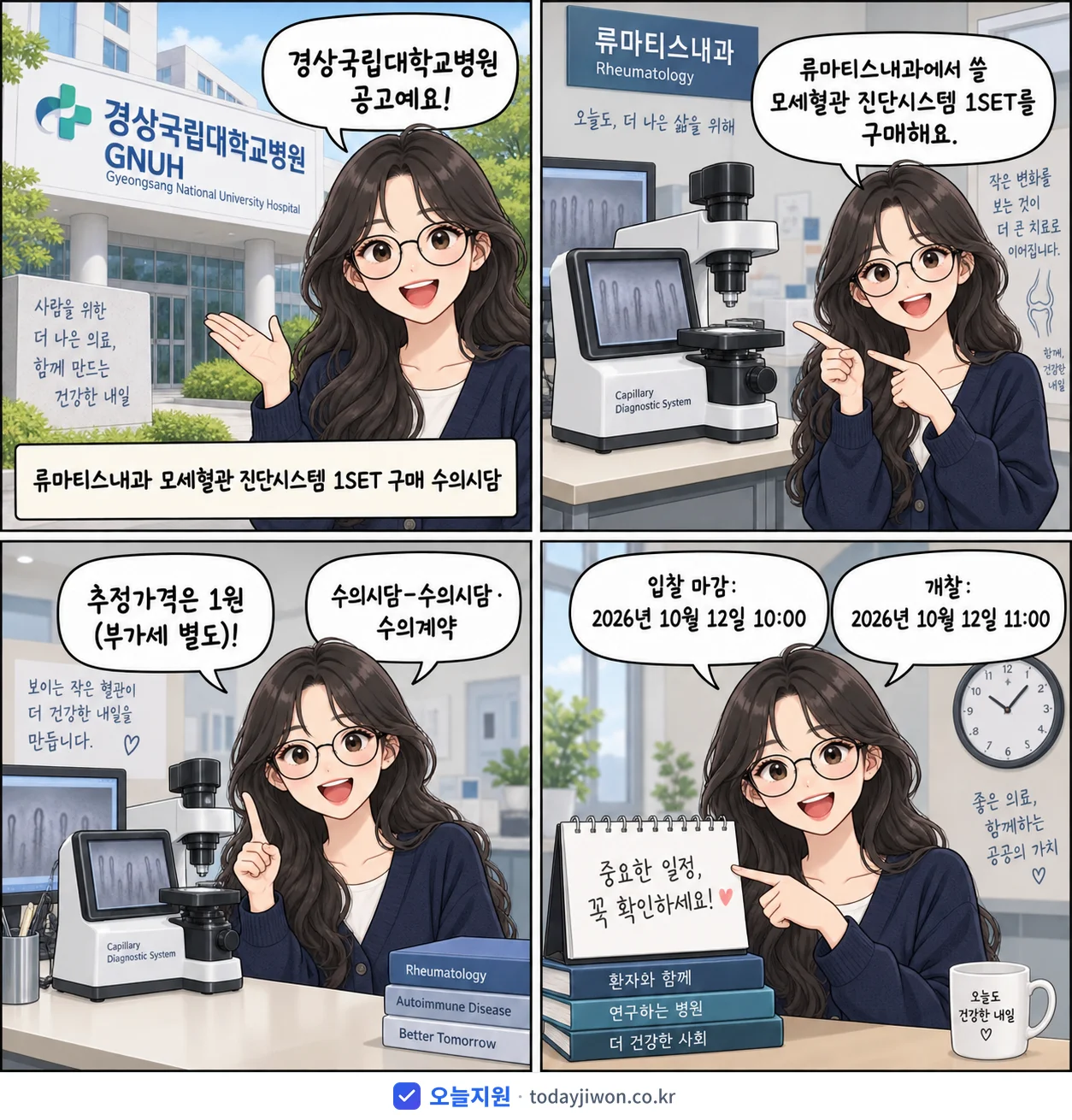 4컷 만화로 보는 공고: 경상국립대학교병원 '류마티스내과 모세혈관 진단시스템 1SET 구매 수의시담', 추정가격 1원, 입찰 마감 10/12 10:00