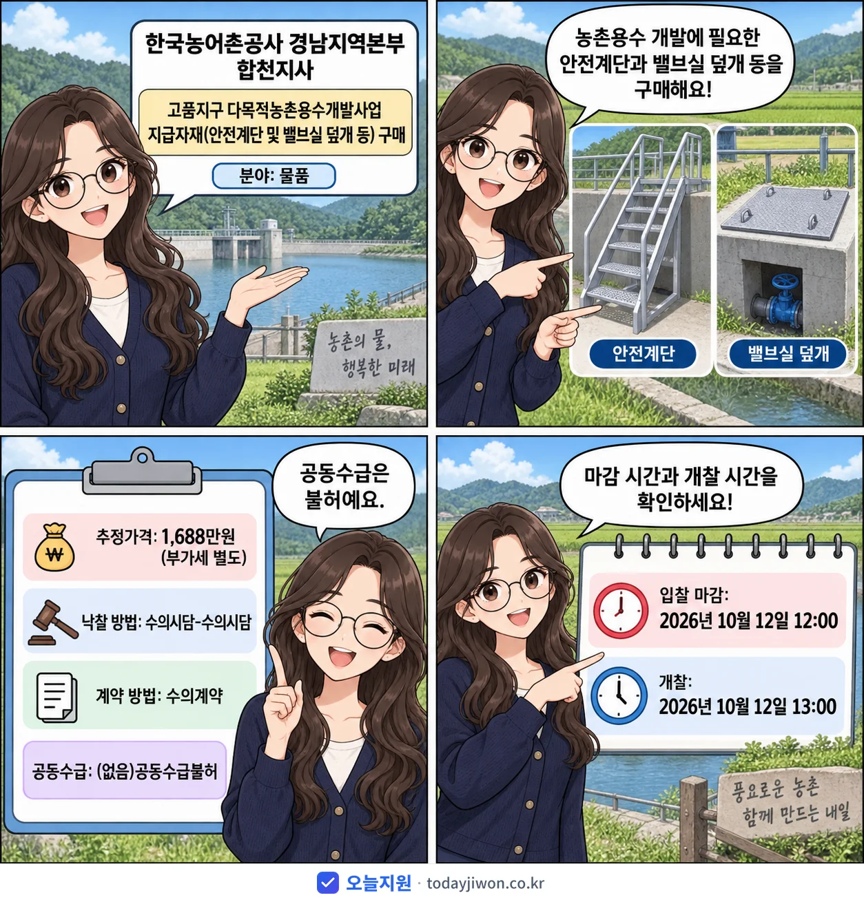 4컷 만화로 보는 공고: 한국농어촌공사 경남지역본부 합천지사 '고품지구 다목적농촌용수개발사업 지급자재(안전계단 및 밸브실 덮개 등)…', 추정가격 1,688만원, 입찰 마감 10/12 12:00