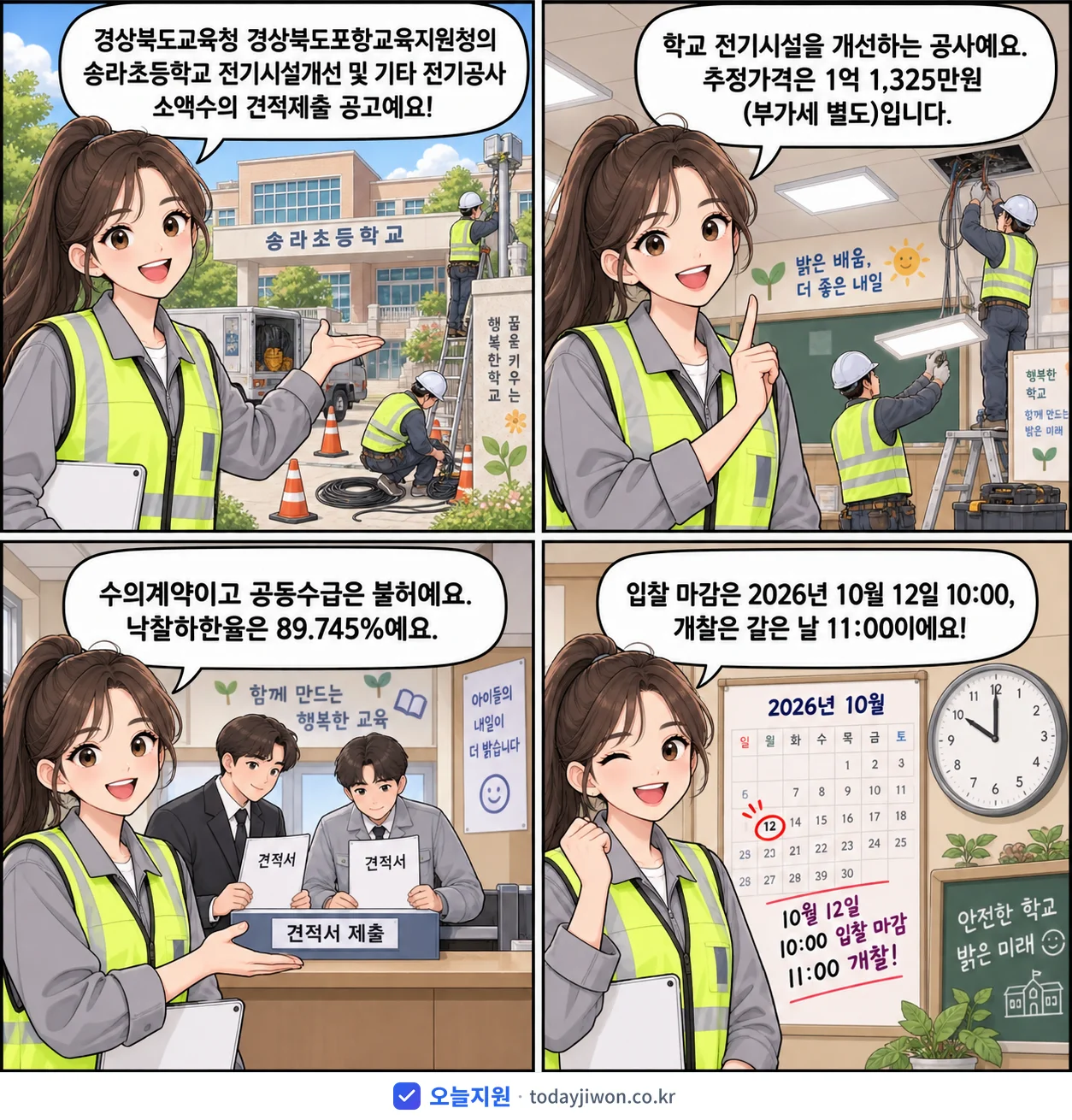 4컷 만화로 보는 공고: 경상북도교육청 경상북도포항교육지원청 '송라초등학교 전기시설개선 및 기타 전기공사 소액수의 견적제출 공고', 추정가격 1억 1,325만원, 입찰 마감 10/12 10:00