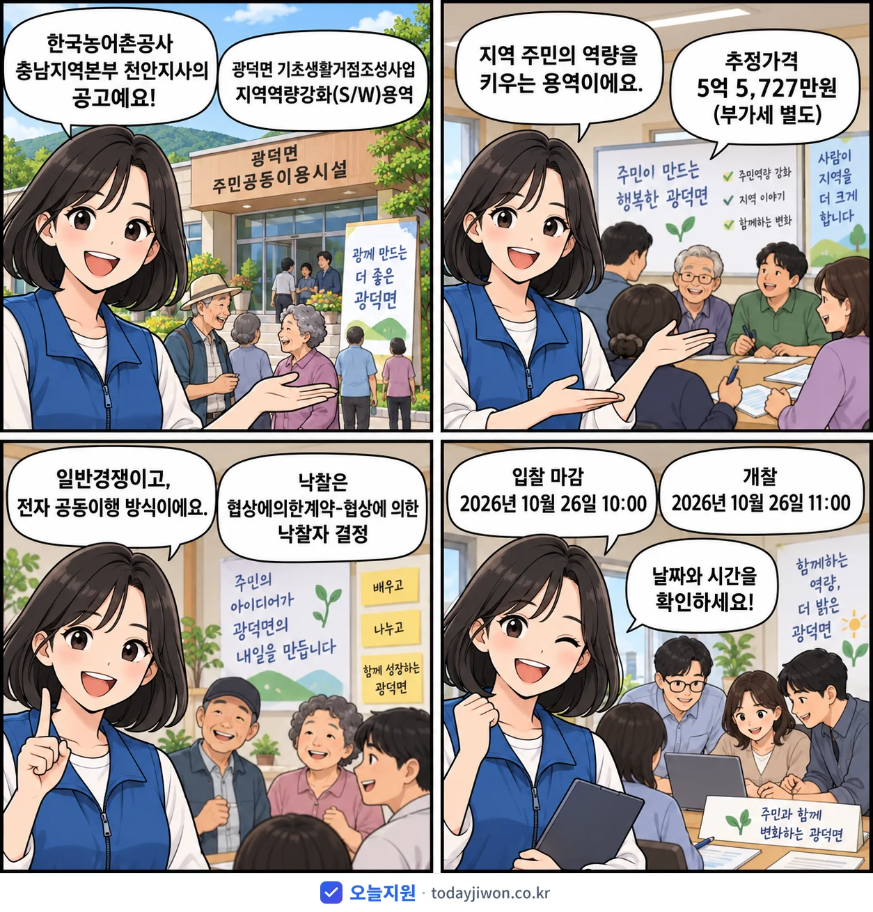 4컷 만화로 보는 공고: 한국농어촌공사 충남지역본부 천안지사 '광덕면 기초생활거점조성사업 지역역량강화(S/W)용역', 추정가격 5억 5,727만원, 입찰 마감 10/26 10:00