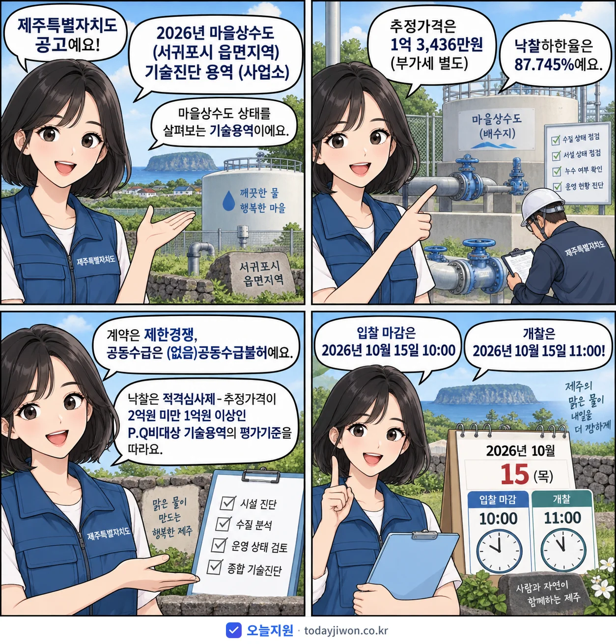 4컷 만화로 보는 공고: 제주특별자치도 '마을상수도(서귀포시 읍면지역) 기술진단 용역 (사업소)', 추정가격 1억 3,436만원, 입찰 마감 10/15 10:00