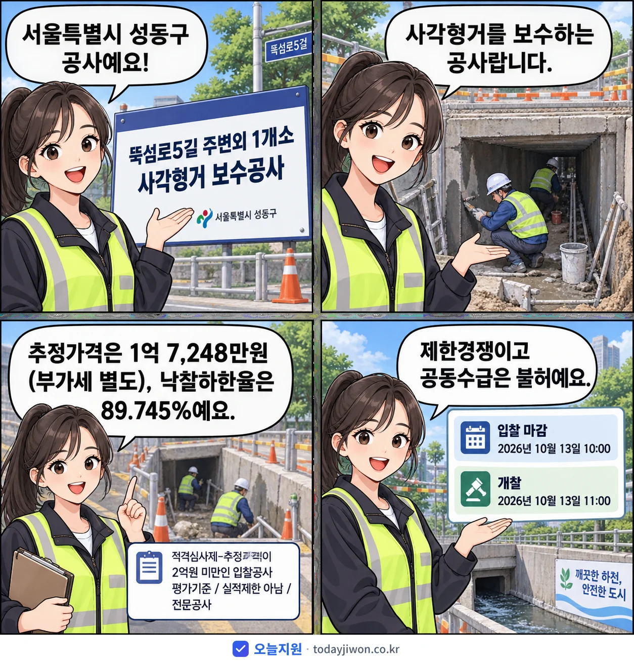 4컷 만화로 보는 공고: 서울특별시 성동구 '뚝섬로5길 주변외 1개소 사각형거 보수공사', 추정가격 1억 7,248만원, 입찰 마감 10/13 10:00