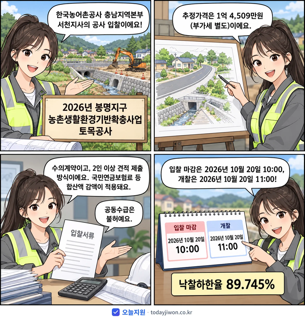 4컷 만화로 보는 공고: 한국농어촌공사 충남지역본부 서천지사 '봉명지구 농촌생활환경기반확충사업 토목공사', 추정가격 1억 4,509만원, 입찰 마감 10/20 10:00