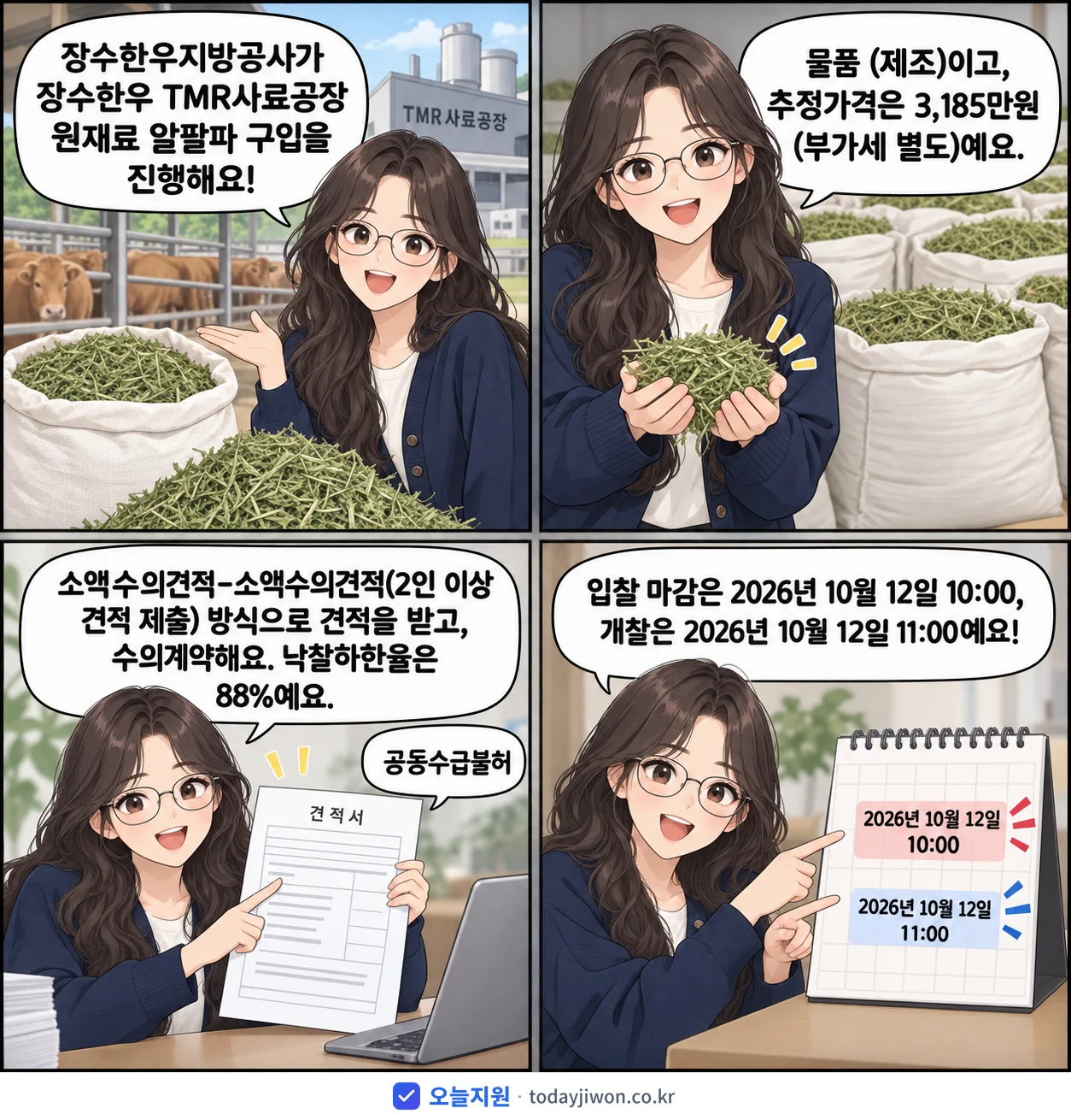 4컷 만화로 보는 공고: 장수한우지방공사 '장수한우 TMR사료공장 원재료 알팔파 구입', 추정가격 3,185만원, 입찰 마감 10/12 10:00