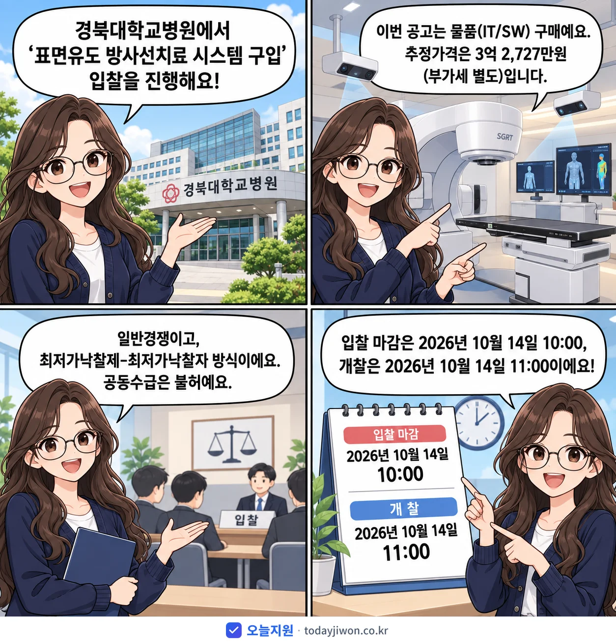 4컷 만화로 보는 공고: 경북대학교병원 '표면유도 방사선치료 시스템 구입', 추정가격 3억 2,727만원, 입찰 마감 10/14 10:00