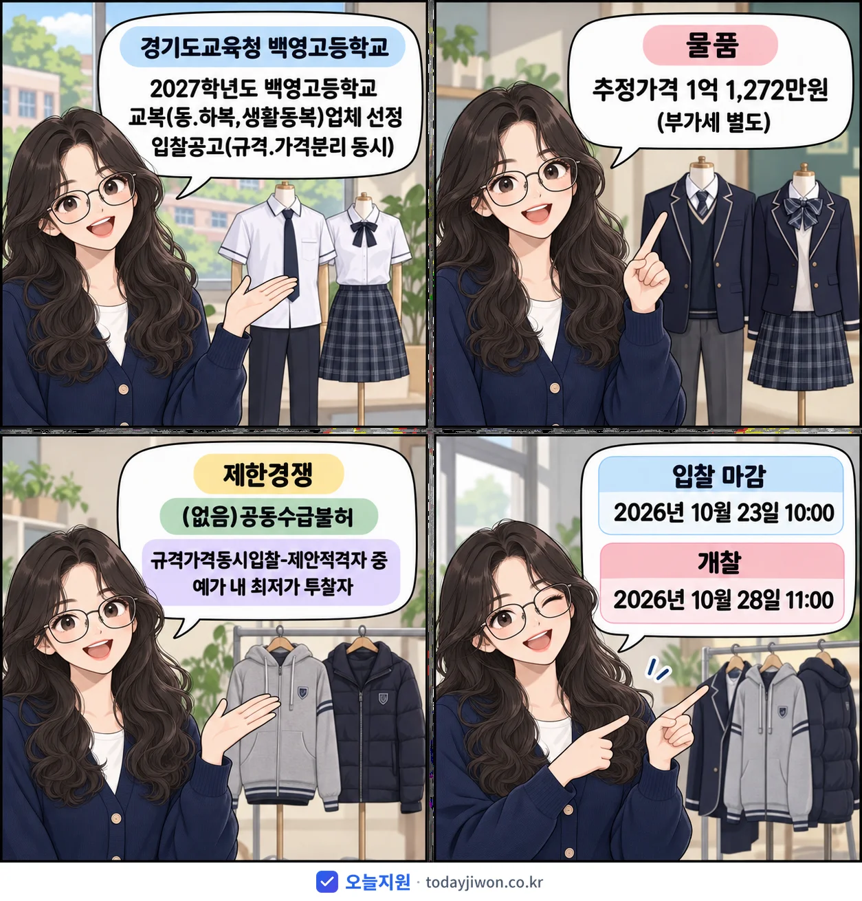 4컷 만화로 보는 공고: 경기도교육청 백영고등학교 '학년도 백영고등학교 교복(동.하복,생활동복)업체 선정 입찰공고(규격.가…', 추정가격 1억 1,272만원, 입찰 마감 10/23 10:00