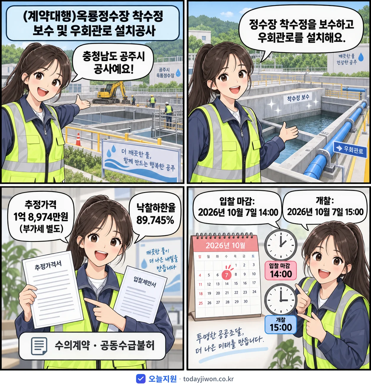 4컷 만화로 보는 공고: 충청남도 공주시 '(계약대행)옥룡정수장 착수정 보수 및 우회관로 설치공사', 추정가격 1억 8,974만원, 입찰 마감 10/7 14:00