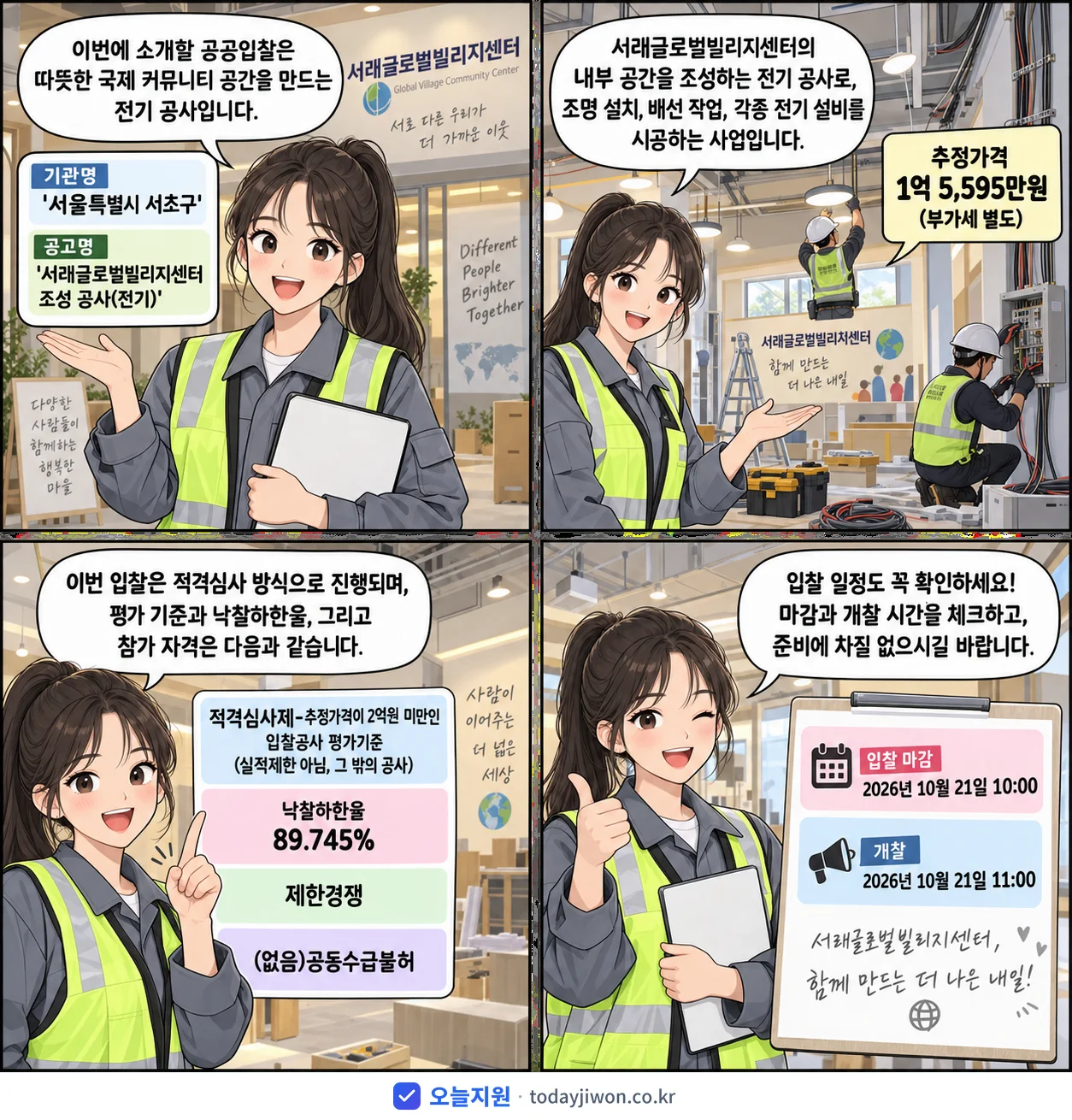 4컷 만화로 보는 공고: 서울특별시 서초구 '서래글로벌빌리지센터 조성 공사(전기)', 추정가격 1억 5,595만원, 입찰 마감 10/21 10:00